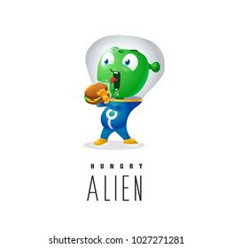 Funny alien trying to eat earthy sandwich, funny character for company