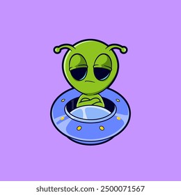 Funny alien with UFO cartoon icon mascot logo illustration