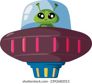 
Funny Alien in an UFO Spaceship Vector Cartoon Illustration. Extraterrestrial creature flying in a space craft ship
