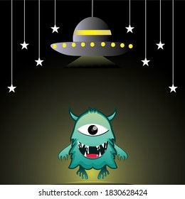 Funny alien vector illustration design and outer space background