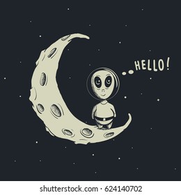 Funny alien-astronaut standing on crescent moon.Childish vector illustration