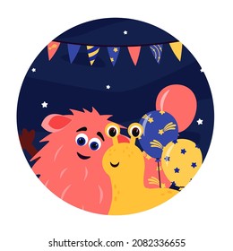Alienígenas divertidos con globos y banderas. Tarjeta de saludo, cumpleaños cósmico temático. 