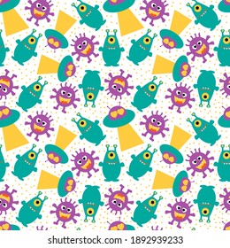 Funny aliens with a flying saucer on a white seamless background. Vector illustration. UFO.