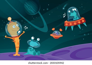 Funny aliens living in space cartoon game image with standing flying communicating creatures colorful background vector illustration