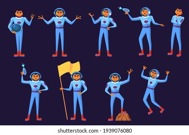Funny aliens men in blue spacesuits set. Cute futuristic humanoid astronauts galaxy invaders cartoon characters holding flag or blaster design. Flat vector illustration. UFO and space concept