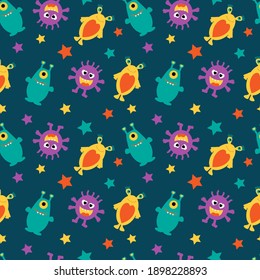 Funny aliens and multicolored stars on a dark blue background. Vector illustration. UFO.