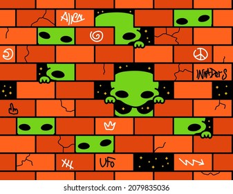 Funny aliens peek out from brick wall. Vector doodle cartoon illustration psychedelic graphic design.Aliens,ufo,brick wall seamless pattern print concept