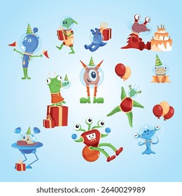 Funny aliens with presents balloons in birthday party hats tasting tier cake cartoon characters set illustration astronomical star sweet martian scary mascot humanoid futuristic little spooky