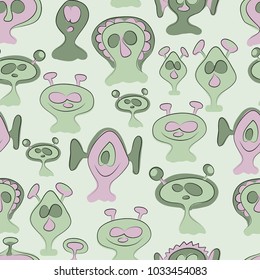 Funny aliens, seamless pattern on light green background. Vector cartoon illustration.