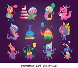Funny aliens. Space cartoon characters with balloons exact vector party mascot aliens