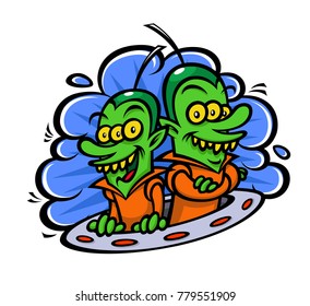 Funny aliens in a spaceship. Vector illustration in a flat style. Image is isolated on white background. Characters for printing, web and games.