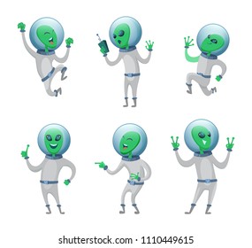 Funny aliens standing in various poses. Vector humanoids. illustration of green martian mascot, funny character creature