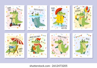 Funny alligator cards. Various occasions, holidays and events congratulations, cute crocodile character, kids mascot, posters or print collection, childish birthday postcard, tidy vector isolated set