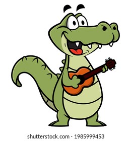 Funny Alligator cartoon character playing ukulele guitars and singing, suitable for mascot, sticker, or decoration with music themes of children