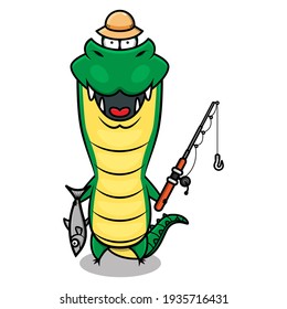Funny Alligator cartoon character wearing fisherman hat, carrying fishing rod, and catch a fish. Best for mascot or logo of angler club