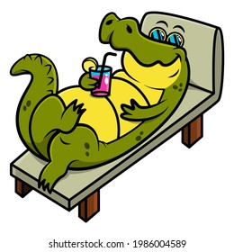 Funny Alligator cartoon characters lying on the lounge chairs while drink a cocktails, sunbathing on the beach at summer vacation, best for sticker and decoration with summer party beach themes