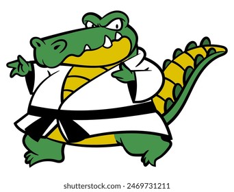 Funny Alligator cartoon characters wearing karate uniform with black belt and showing it's punch movement. Best for sticker, logo, and mascot with martial arts themes for kids