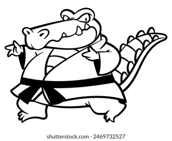 Funny Alligator cartoon characters wearing karate uniform with black belt and showing it's punch movement. Best for outline, logo, and coloring book with martial arts themes for kids