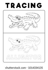 Funny Alligator Crocodile Animal Tracing Book with Example. Preschool worksheet for practicing fine motor skill. Vector Cartoon Illustration for Children.