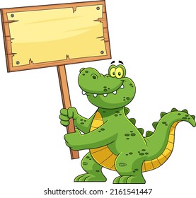 Funny Alligator Or Crocodile Cartoon Character Holding Up A Wooden Sign. Vector Hand Drawn Illustration Isolated On White Background