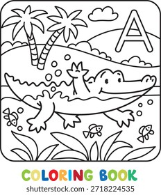 Funny alligator or crocodile. Children vector illustration. Animals ABC coloring book for kids. Alphabet A