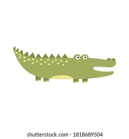 Funny alligator isolated element for kids design. Print with cute crocodile for apparel. Cartoon character clipart. Vector illustration