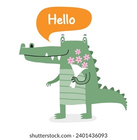 Funny Alligator Predator Green Animal Character Cartoon Style. cute crocodile childrens