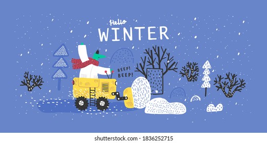 Funny alligator rides through the forest on a bulldozer. Winter forest landscape. Snow removal. Winter postcard.