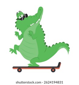 Funny alligator riding a skateboard, vector illustration.