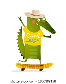 Funny alligator skating on skateboard, wearing hat and t shirt with sign cool dude. Cute animal doing sport cartoon for kids, watercolor style vector character design.