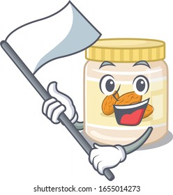 Funny almond butter cartoon character style holding a standing flag