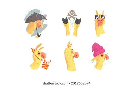 Funny Alpaca or Llama Character Popping Clogs and with Umbrella in Rainy Day Vector Set