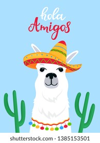 Funny alpaca in a Mexican sombrero. Hola Amigos hand drawn lettering