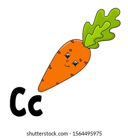 Funny alphabet. ABC flash cards. Cartoon cute character isolated on white background. For kids education. Developing worksheet. Learning letters. Vector illustration.
