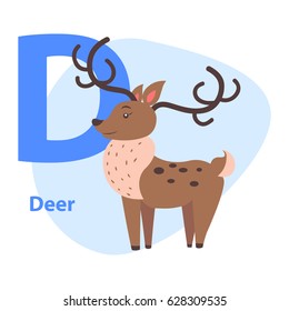 Funny alphabet with cartoon animal blue letter D and brown deer on white background. Vector illustration of entertaining ABC for babies. Drawn beast with dark horns