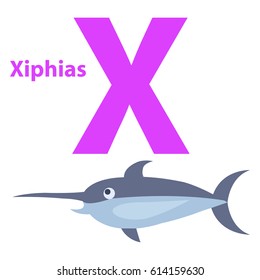 Funny alphabet with cartoon animal purple letter X and gray xiphias on white background. Vector illustration of english ABC for babies. Drawn large fish with sharp nose. Flat design teaching icon.