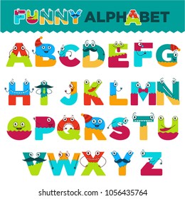 Funny alphabet of cartoon characters vector font letters of comic monster creature faces for kid design