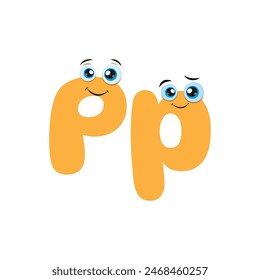 Funny alphabet character. Cute Yellow Letter P with eyes Isolated on white background. Symbol from the kids alphabet.