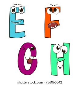 Funny alphabet with cute characters. E F G H.