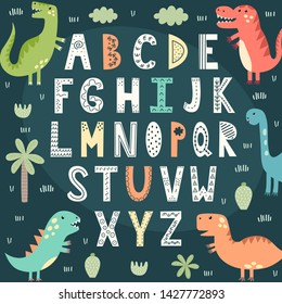 Funny alphabet with cute dinosaurs. Educational poster for children. Vector illustration