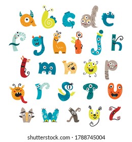 Funny alphabet with cute monsters. Educational poster for children. Illustration for our design