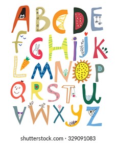 Funny alphabet for kids with faces, vegetables, flowers and animals - vector illustration