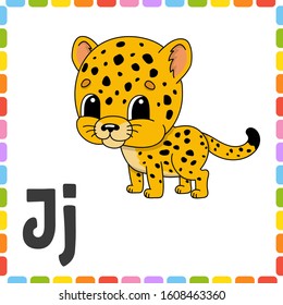 Funny alphabet. Letter J - jaguar. ABC square flash cards. Cartoon character isolated on white background. For kids education. Developing worksheet. Learning letters. Color vector illustration.