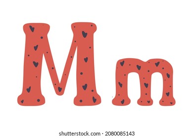 Funny alphabet letters with hearts, colored doodles on white background. Letter M in cartoon style. Hand drawing. Vector illustration for children. Wrapping paper, decoration, design of nursery