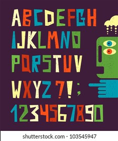 Funny alphabet letters with numbers in retro style. Cool vector illustration.