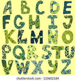 Funny alphabet made of patches for scrapbooking