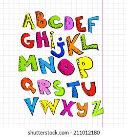 Funny alphabet on a piece of paper in a cage. Vector