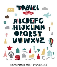 Funny alphabet with travel symbols in paper cut style. Colorful modern alphabet for kids, nursery, poster, card, packaging paper design, for branding, baby clothes. Vector illustration