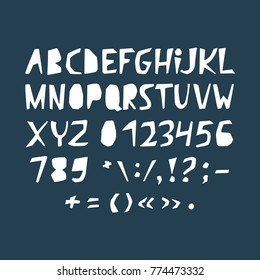 Funny alphabet. Vector abc. White fonts on dark blue background.