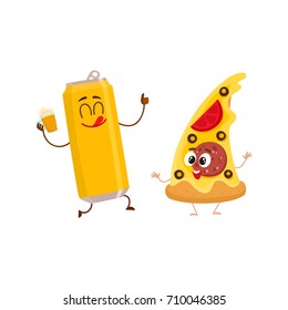 Funny alumium beer can and yummy pizza slice characters having fun, cartoon vector illustration isolated on white background. Funny smiling beer can and pizza, fast food restaurant, good company